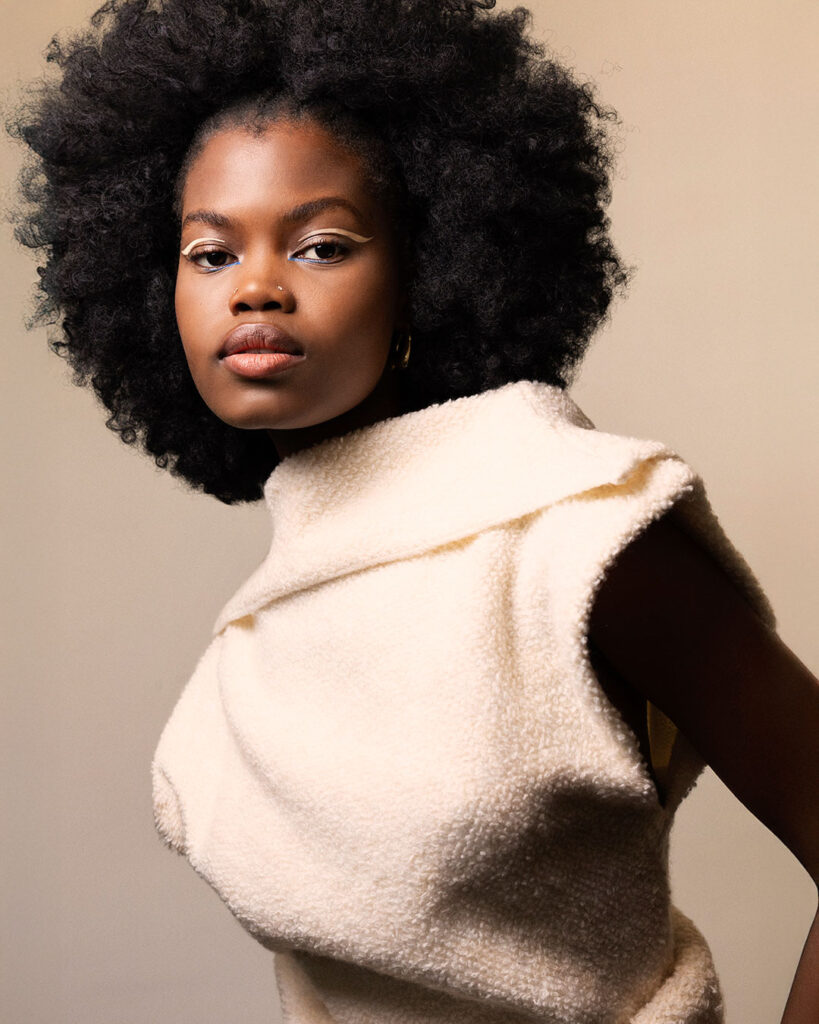 Professional beauty campaign image for Faber-Castell Cosmetics featuring clean studio portraits with diverse models and soft lighting that defines natural contours and warm earth tones, featuring an elegant, bright studio concept focused on soft neutral styling and subtle facial definitions.